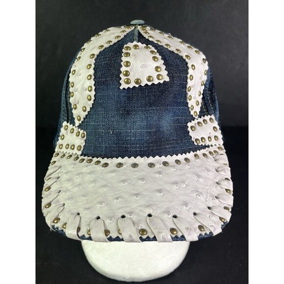 NEW Denim & White Ball Cap Hat Imitation Ostrich Skin Studs Adjustable Strap - Picture 2 of 8
